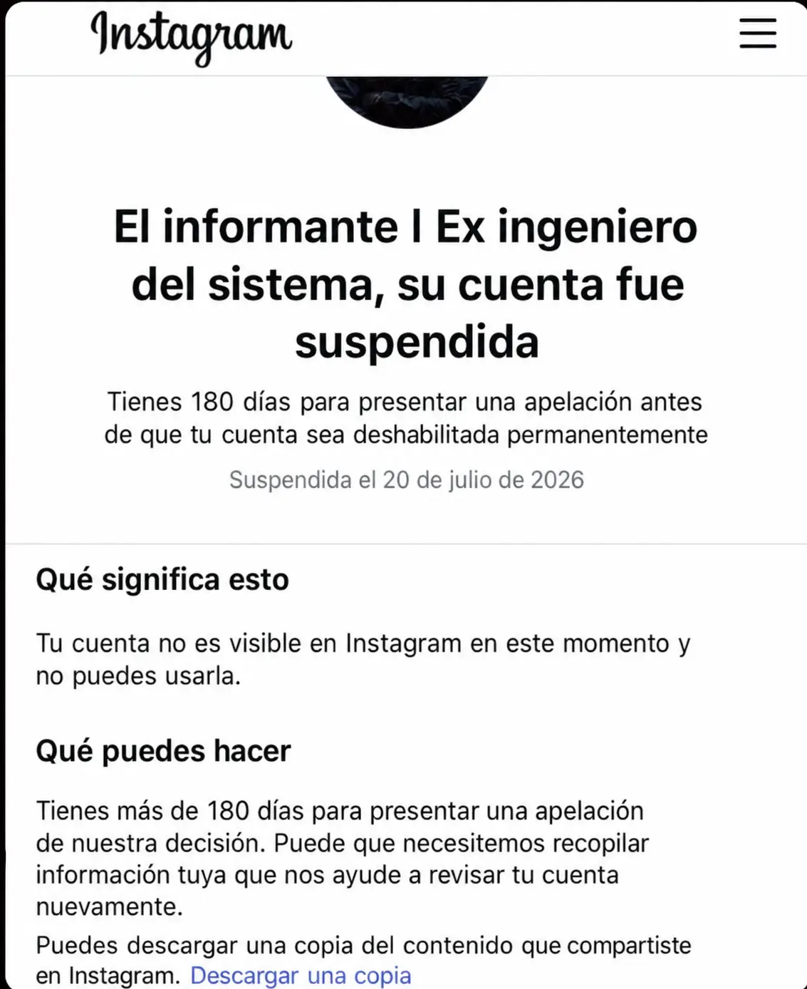 Instagram — cuenta de El Informante suspendida por filtrar el plan