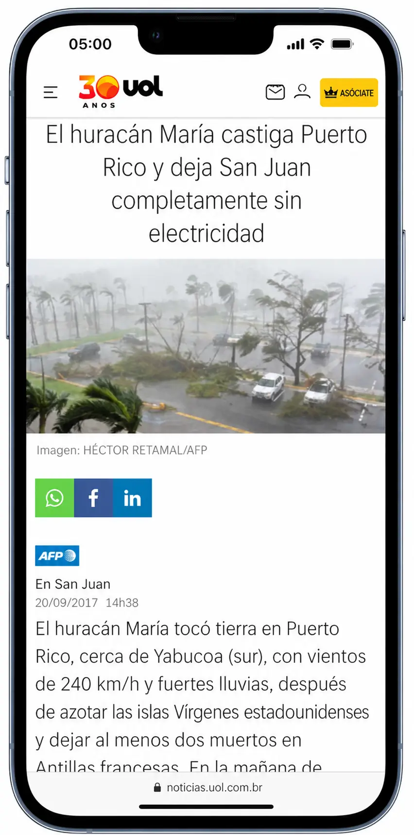 Huracán María deja a Puerto Rico sin electricidad