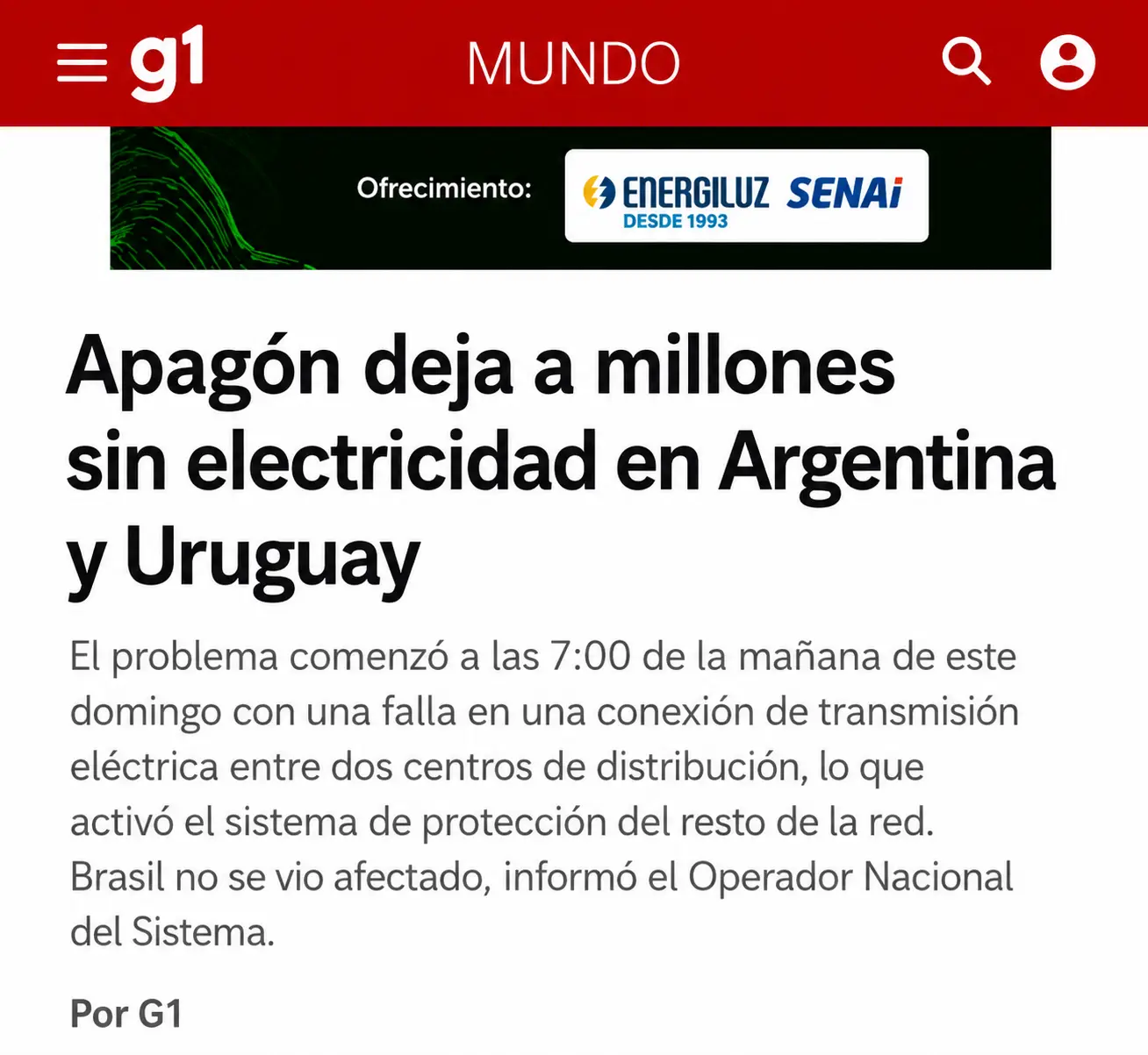 Apagón deja a millones sin electricidad en Argentina y Uruguay