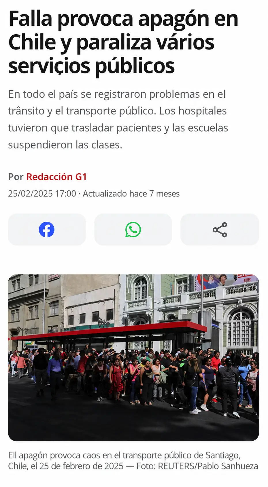 Falla provoca apagón en Chile y paraliza varios servicios públicos